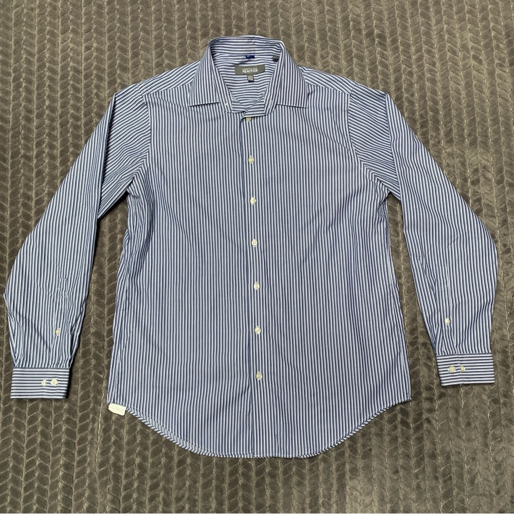 Kenneth Cole Reaction Shirt Mens Large Blue Long Sleeve Button Down Striped Slim